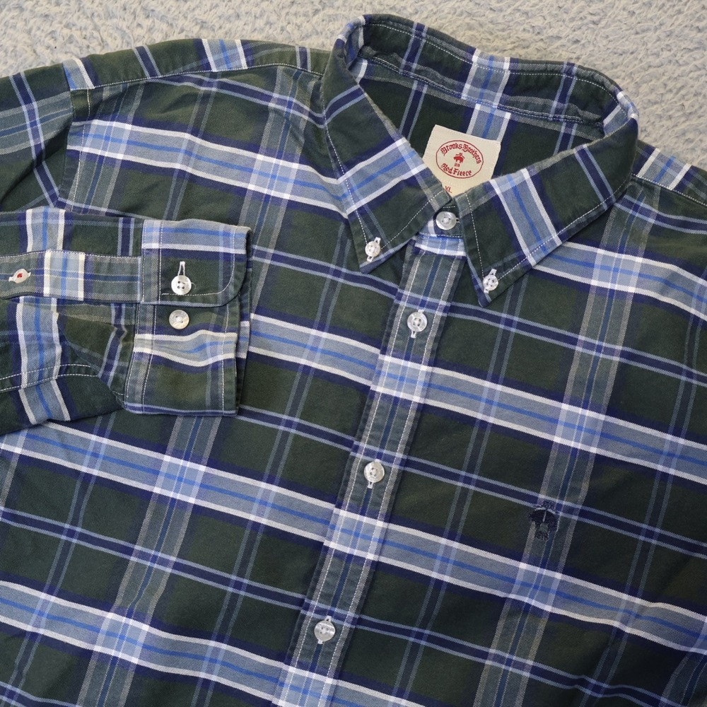Brooks Brothers Red Fleece Mens XL Green Blue Plaid Cotton Button Down Shirt